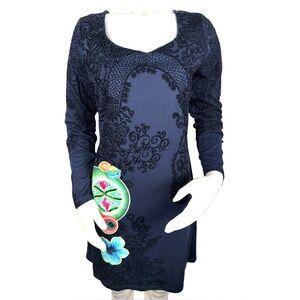 Desigual Blue Black Lace Mandala Floral Print Dress Size XL